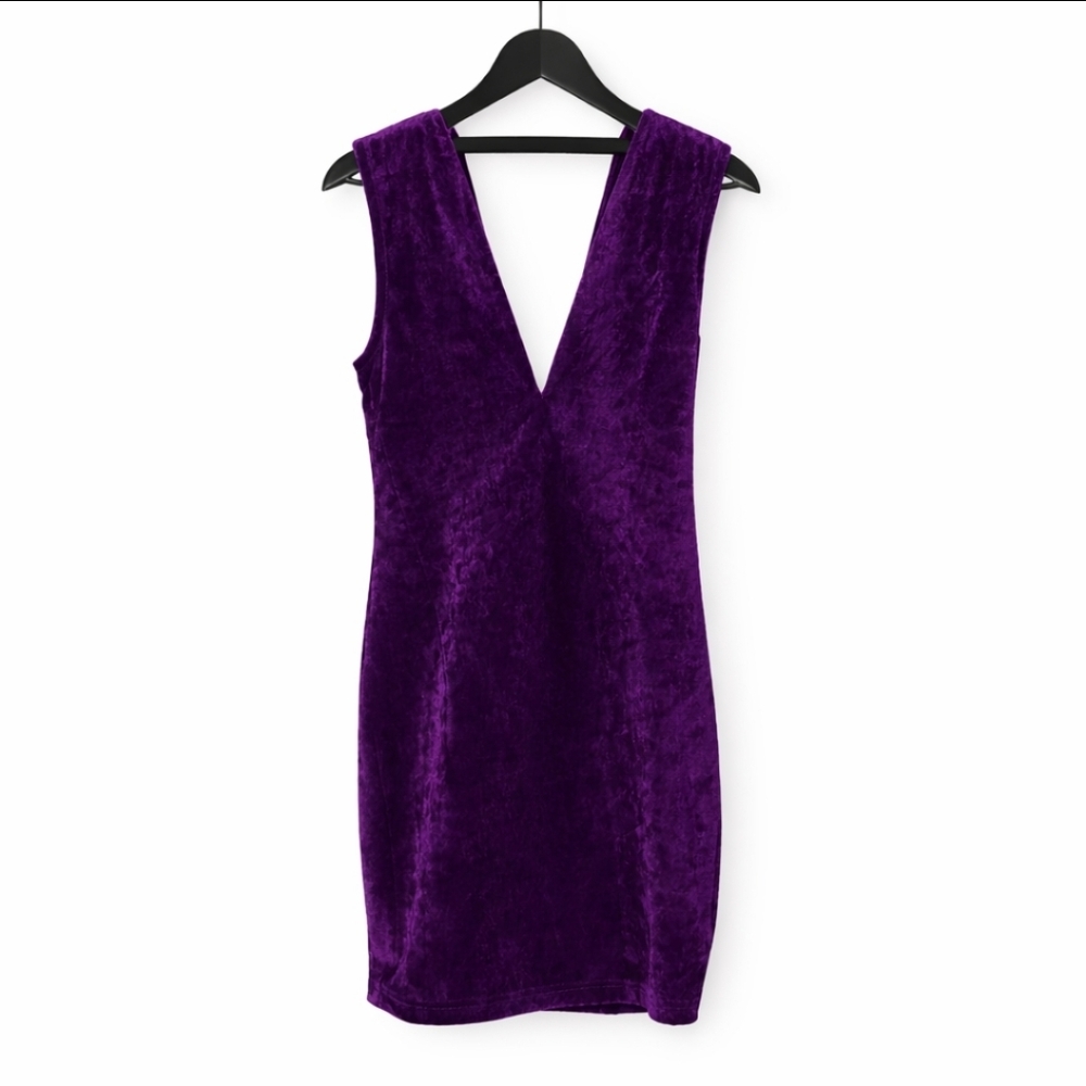 Forever 21 Purple Velvet Deep V Mini Dress Zip Front Sz Large